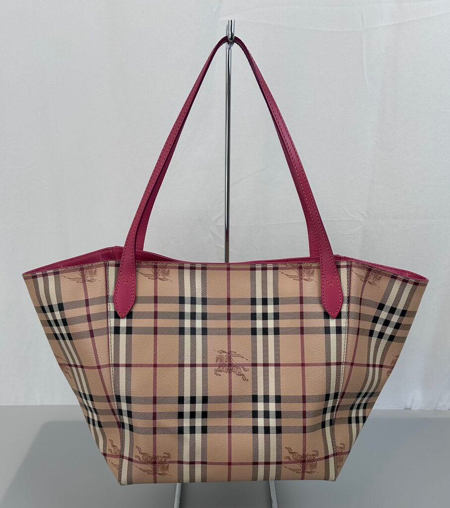 Burberry canvas haymarket leather trim tote