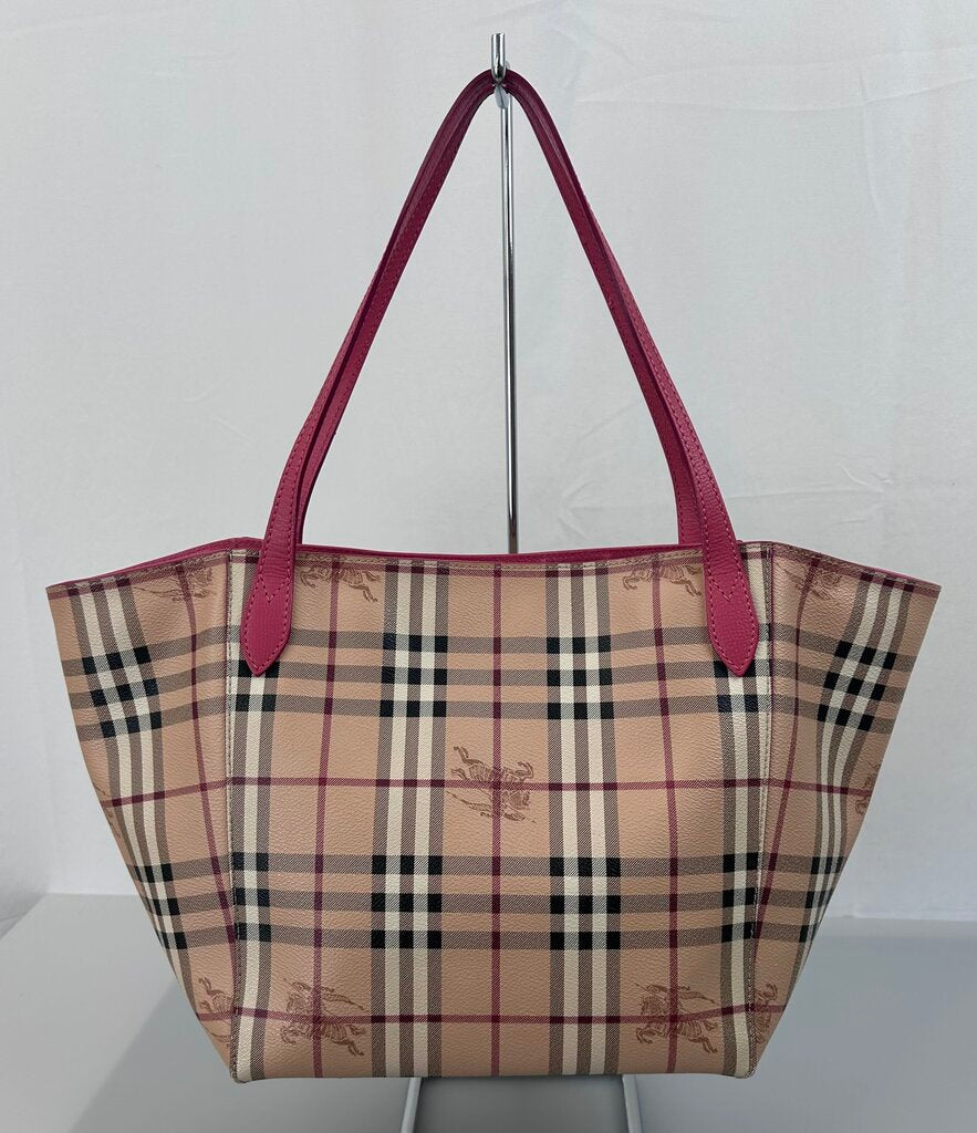 Burberry canvas haymarket leather trim tote