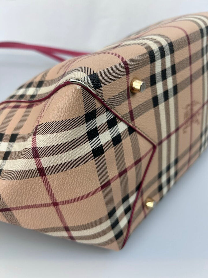 Burberry canvas haymarket leather trim tote