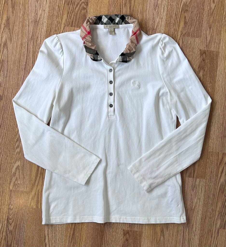 Burberry Brit polo style plaid ruffle collar top (L)