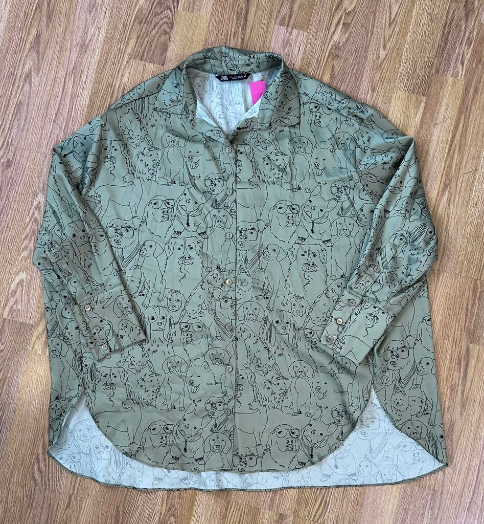 Zara doggie print satin button down (L)