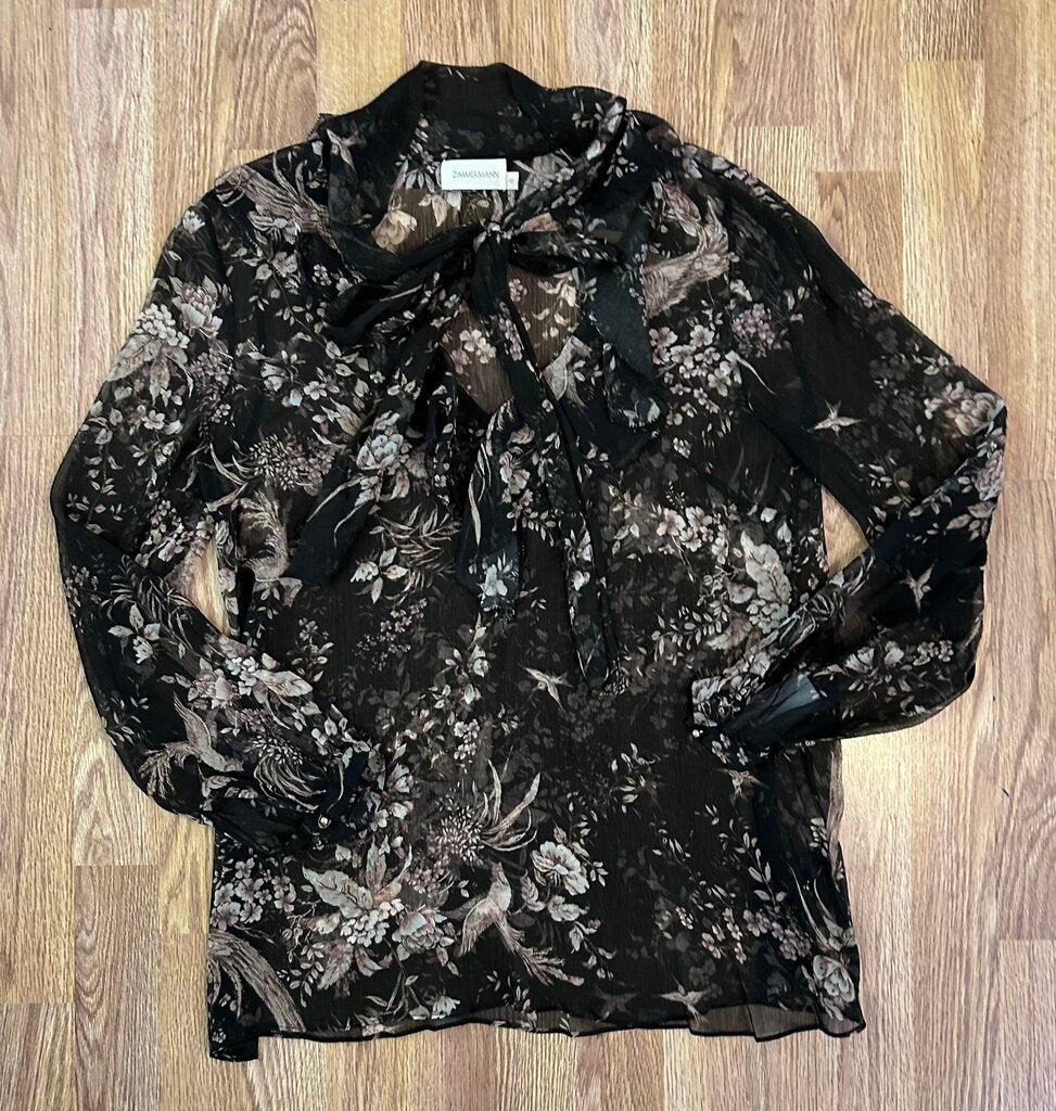 Zimmermann sheer silk floral pussybow blouse (XS)