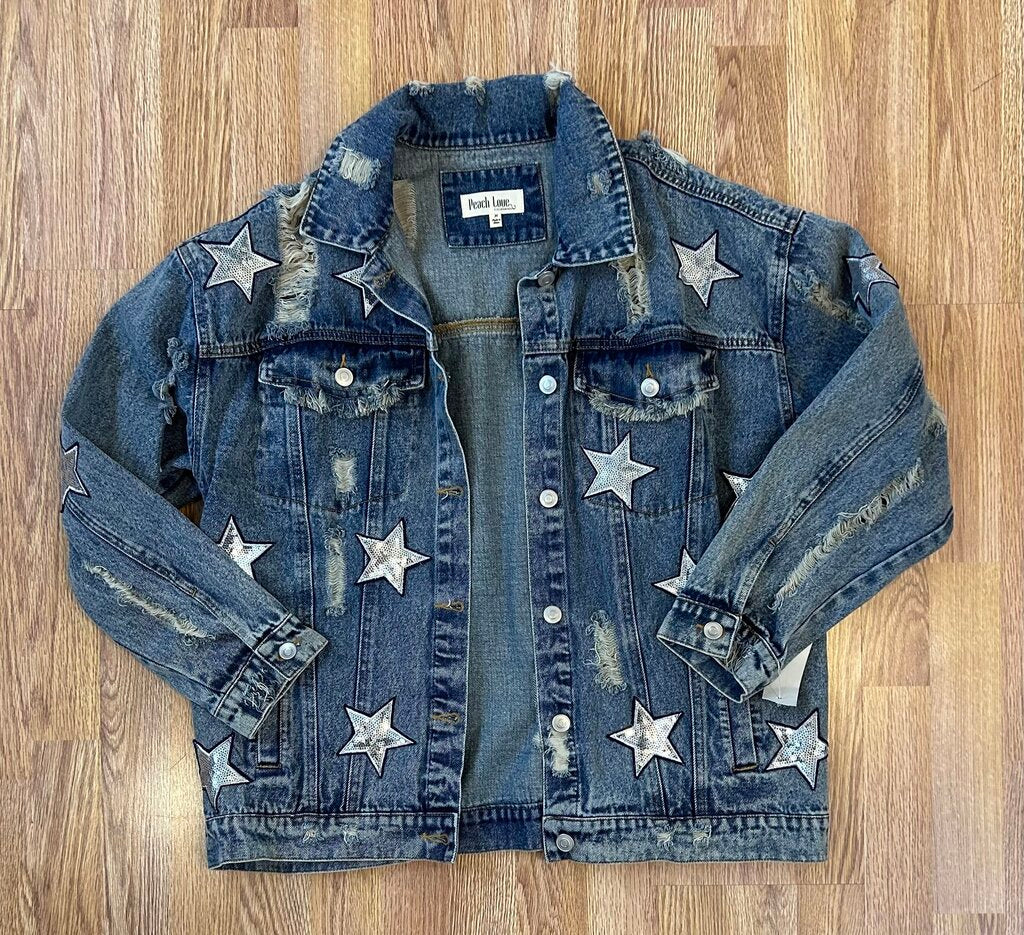 Peach Love sequin stars distressed oversized denim jacket (M)