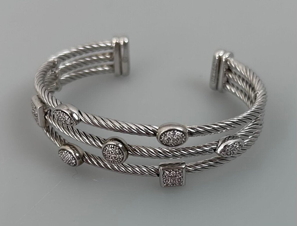 David Yurman silver/diamond 3-row cuff bracelet