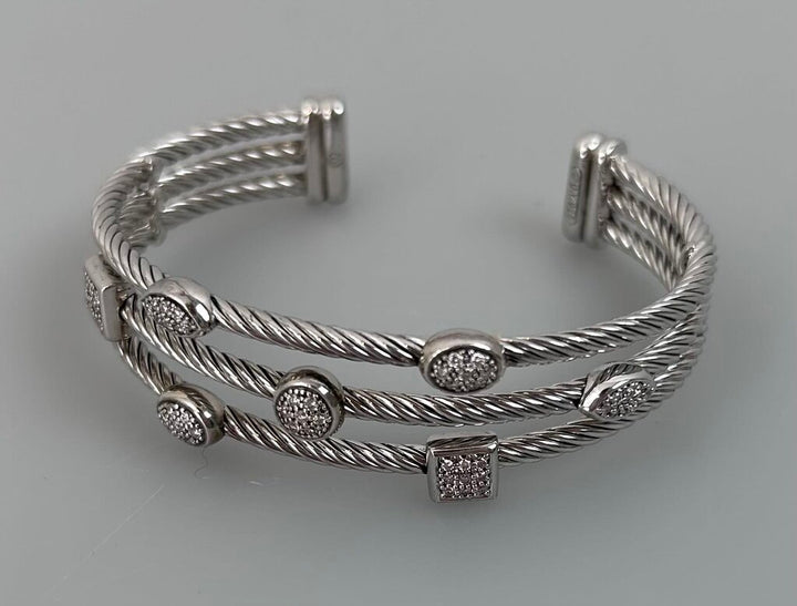 David Yurman silver/diamond 3-row cuff bracelet