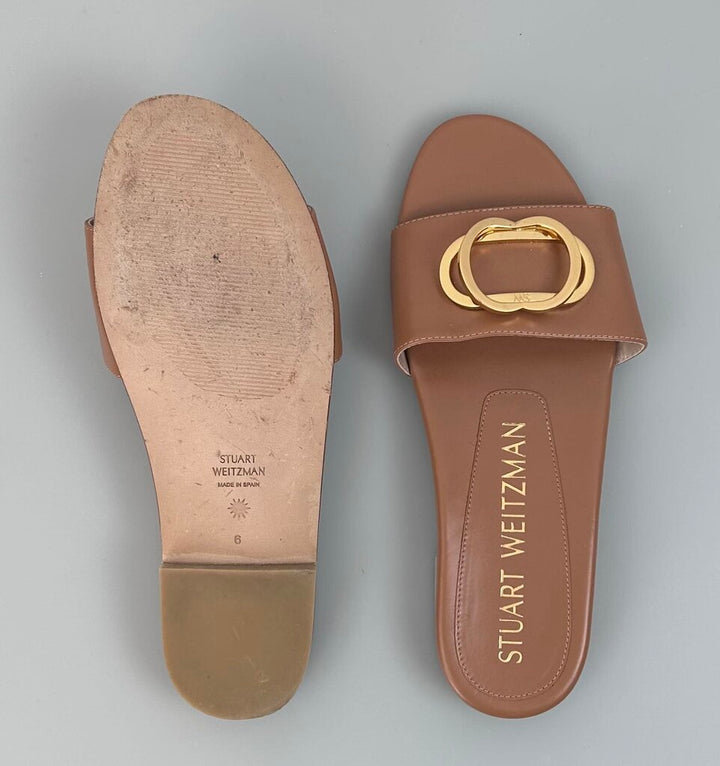 Stuart Weitzman gold buckle leather slides (size 6)