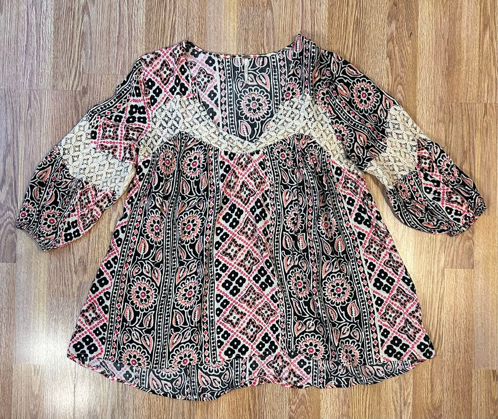 Free People lace detail boho print peasant dress (M)