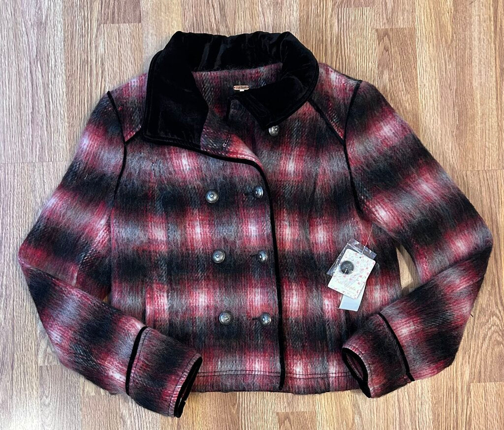 Free People NWT wool blend velvet collar plaid jacket (M)