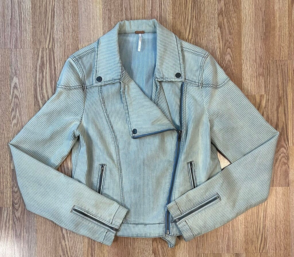 Free People moto-style pinstripe denim jacket (size 10)