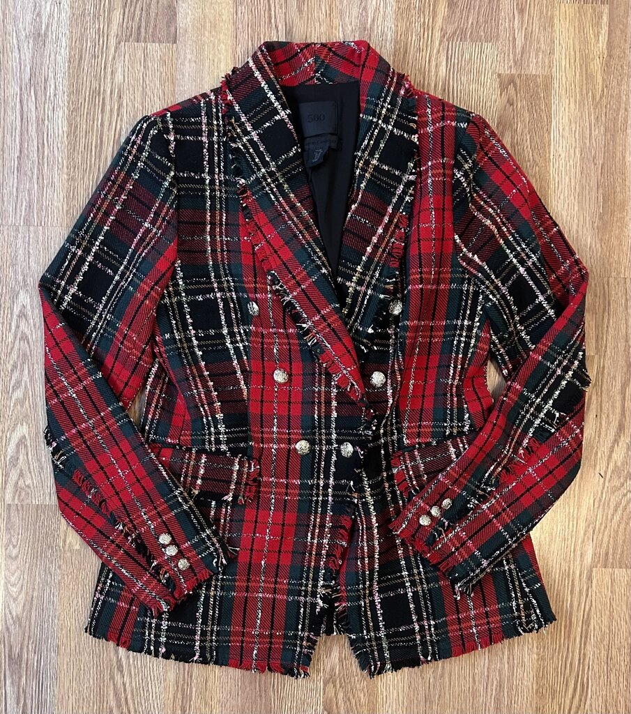 Maison Cinqcent christmasy frayed plaid blazer (M)