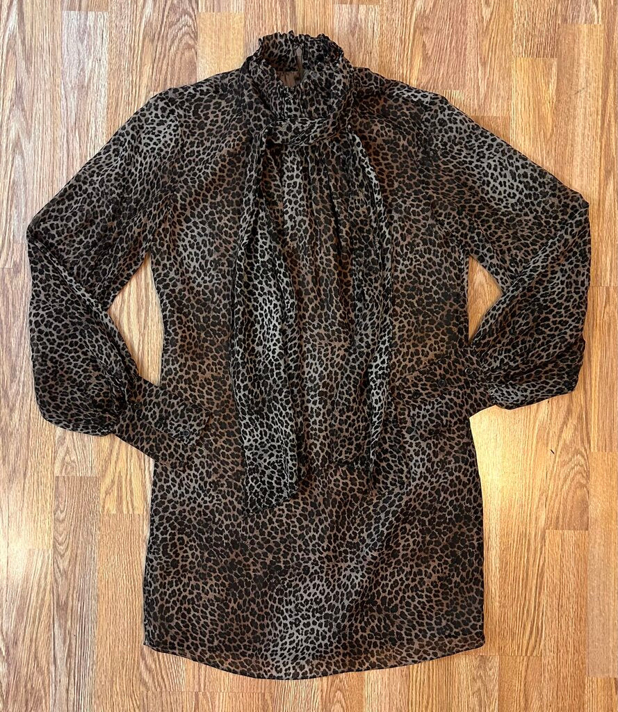 Frame silk leopard print high collar pussybow minidress (XS)