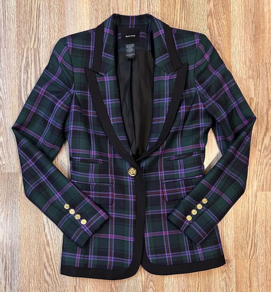 Smythe wool tartan single gold button blazer (size 4)