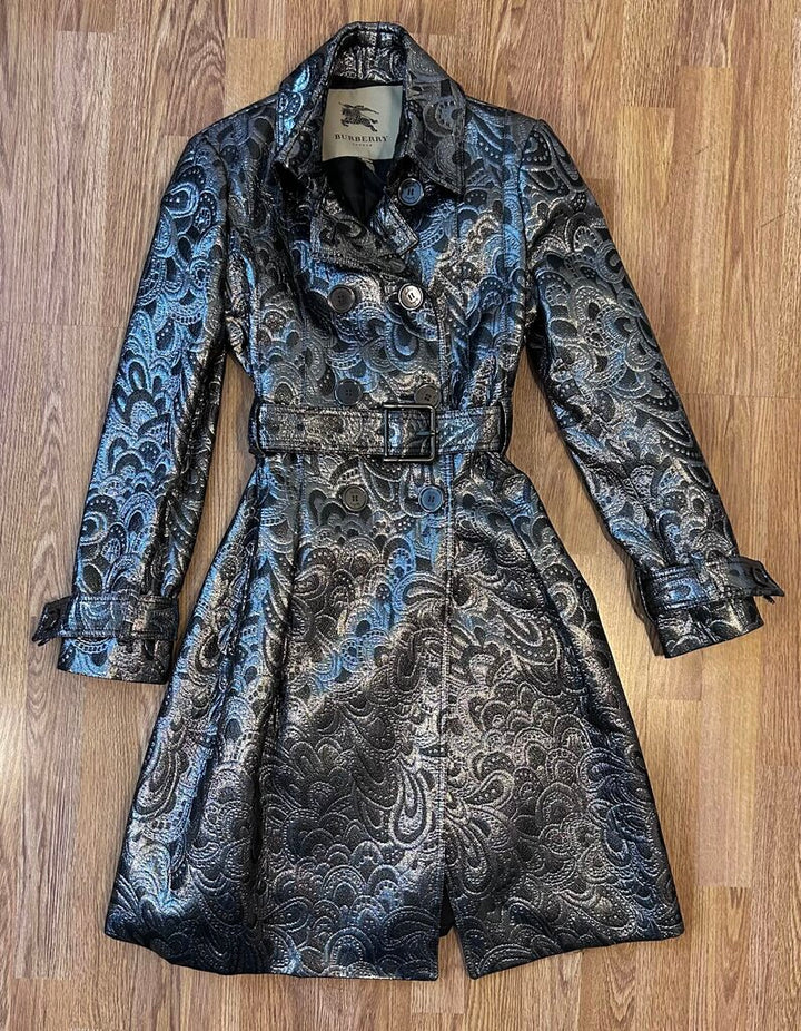 Burberry London Metallic Belted Brocade Trench (size 6)