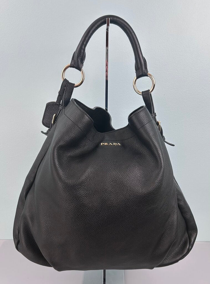 Prada daino pebbled leather zipper detail hobo bag