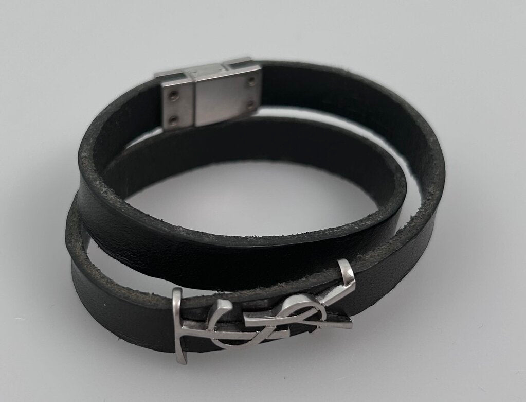 Saint Laurent silver monogram leather strap wrap bracelet