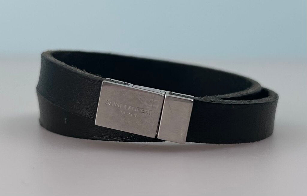 Saint Laurent silver monogram leather strap wrap bracelet