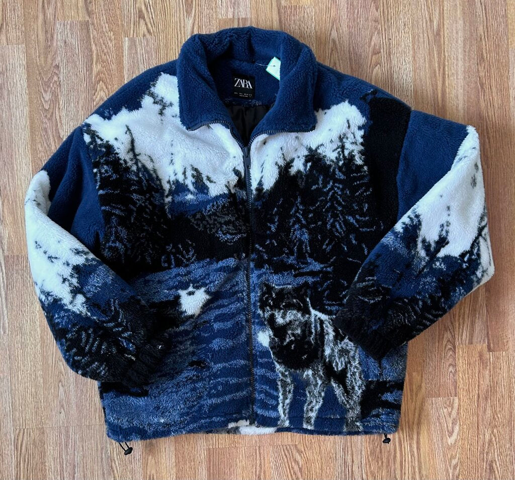 Zara shaggy wolf/forest print full zip jacket (L)