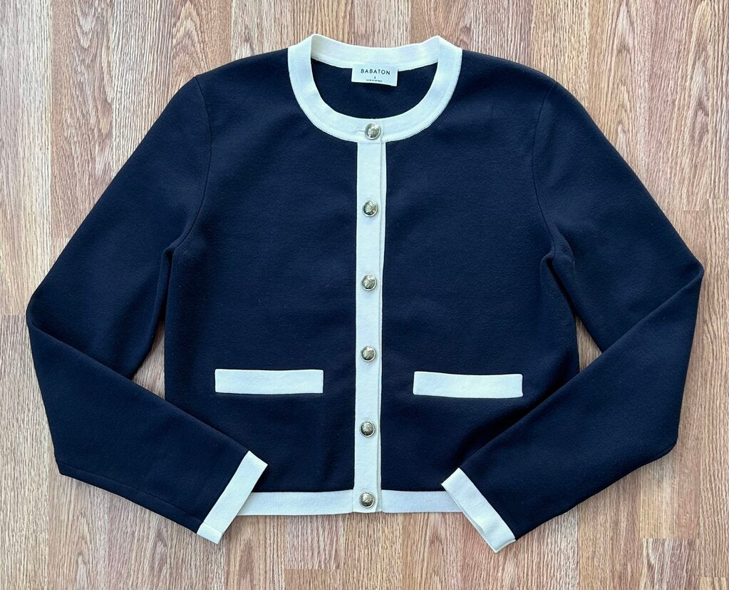 Babaton double-knit two-tone crested button cropped cardigan (S)