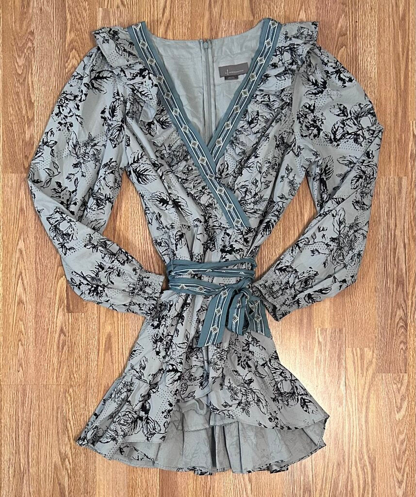 By Anthropologie printed cotton ruffle belted minidress (L)