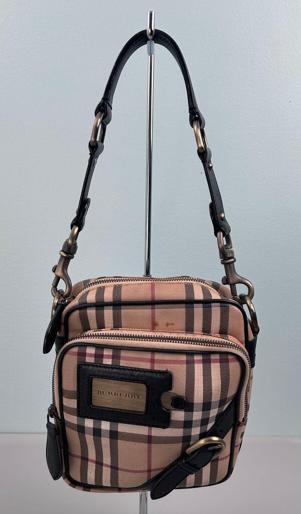 Burberry brass nameplate detail check small shoulder bag
