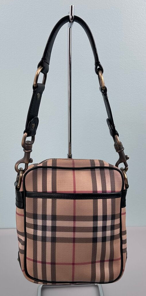 Burberry brass nameplate detail check small shoulder bag