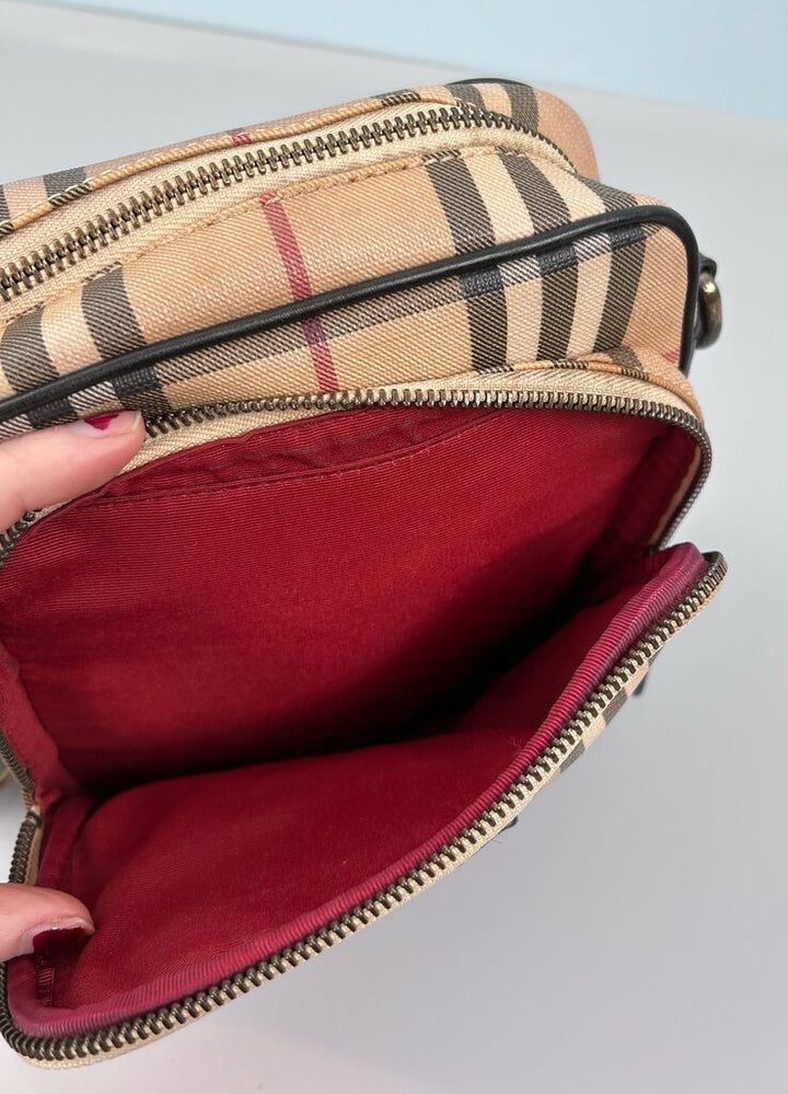 Burberry brass nameplate detail check small shoulder bag