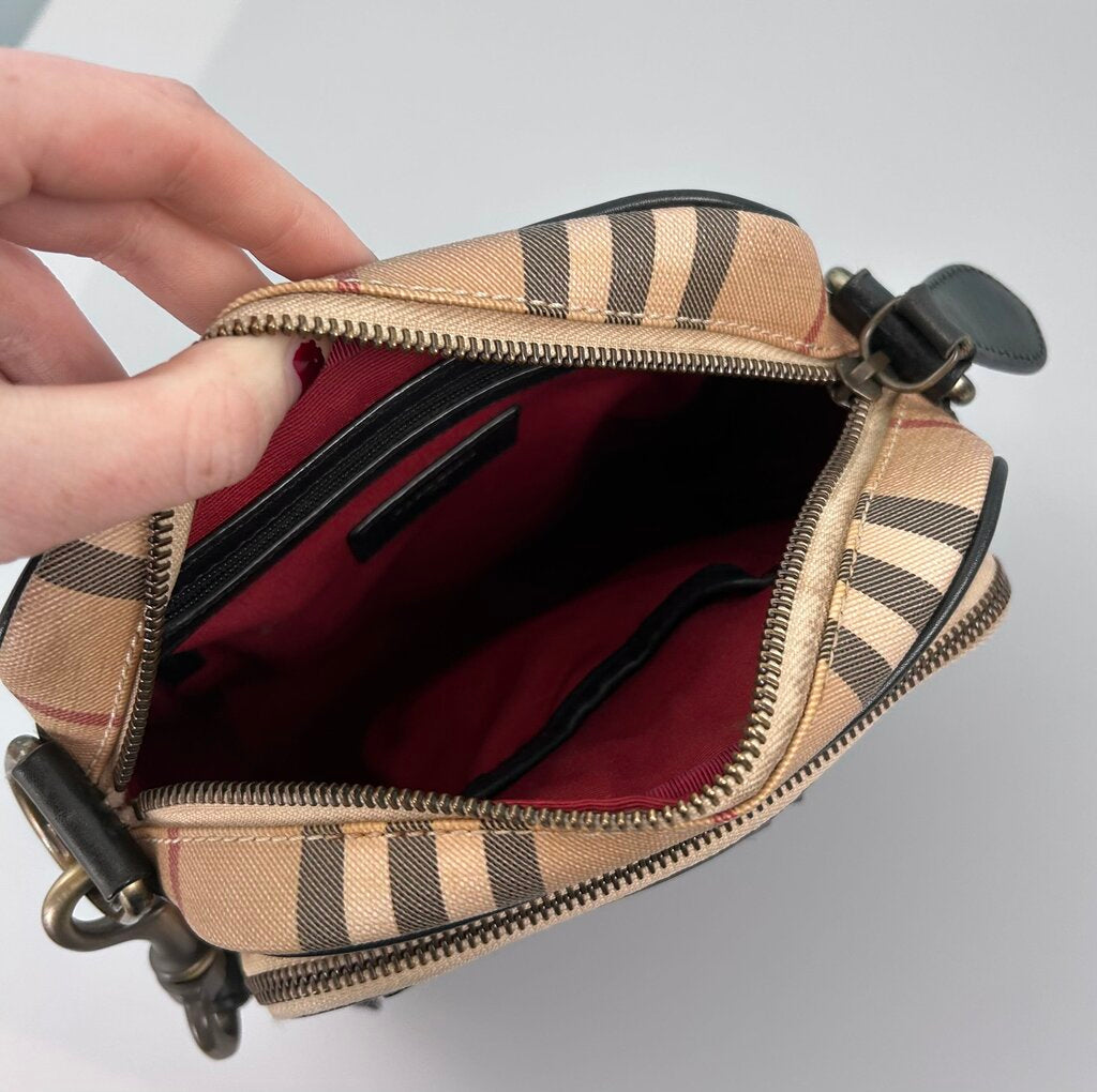Burberry brass nameplate detail check small shoulder bag